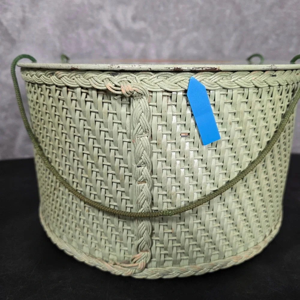 Princess 1950's Vintage Wicker Round Sewing Basket Lid Green Fair Retro Grandma